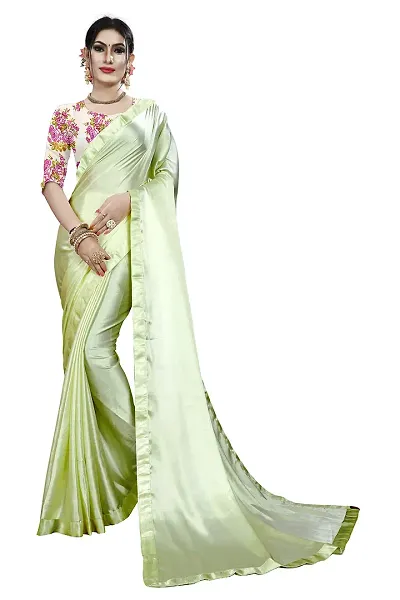 KHUSHI FASHION Women's Satin Silk Plain Weave Saree with Blouse Piece (Pista Green)