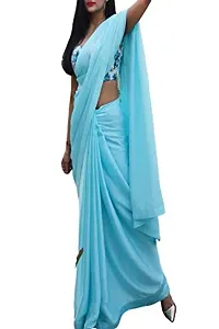 KHUSHI FASHION Women's Plain weave Satin Saree Without Blouse Piece (Sky Blue)-thumb2