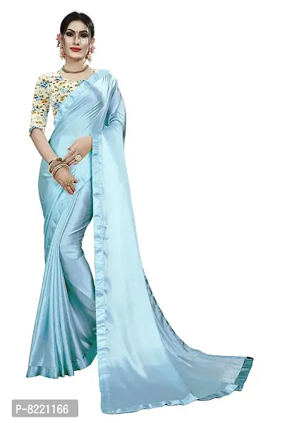 KHUSHI FASHION Women's Plain weave Satin Saree Without Blouse Piece (Sky Blue)-thumb0
