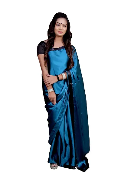 KHUSHI FASHION FAB Women's Japan Satin Silk Draped Saree with Blouse (Firozi)