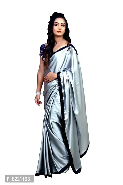 KHUSHI FASHION Women's Satin Silk Shiny Glamorous Draped Saree with Printed Blouse (12345, Grey)-thumb0