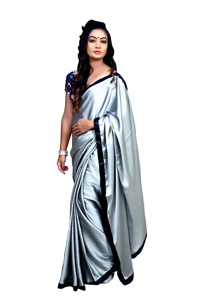 KHUSHI FASHION Women's Satin Silk Shiny Glamorous Draped Saree with Blouse (12345, Grey)