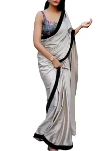 KHUSHI FASHION Women's Satin Silk Shiny Glamorous Draped Saree with Printed Blouse (12345, Grey)-thumb1