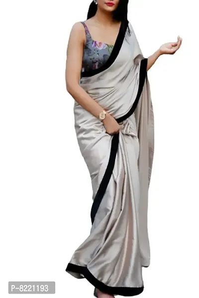 KHUSHI FASHION Women's Satin Silk Shiny Glamorous Draped Saree with Printed Blouse (12345, Grey)-thumb2