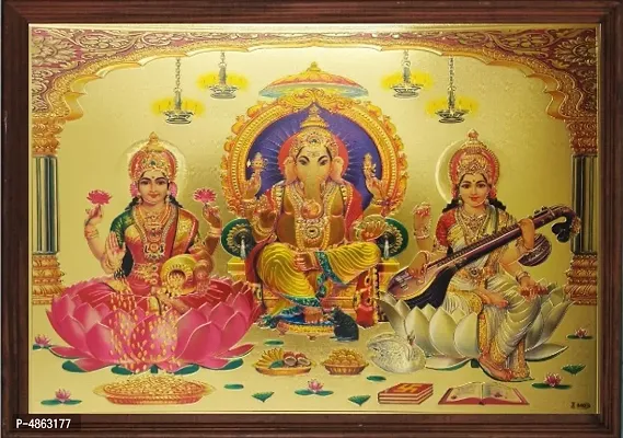 Ganesha Lakshmi Saraswati In gold print with wooden frame-thumb0