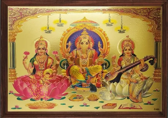Ganesha Lakshmi Saraswati In gold print with wooden frame