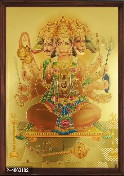 Panchmukhi Hanuman In gold print with wooden frame-thumb0