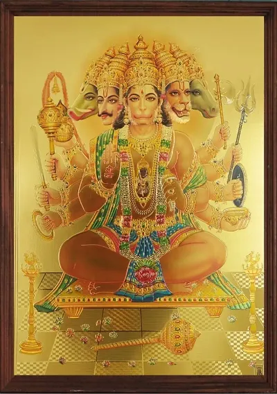 Panchmukhi Hanuman In gold print with wooden frame