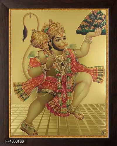 Pahad Hanuman In gold print with wooden frame-thumb0