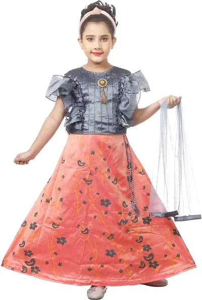 Girl Kids Ghagra, Lehenga Choli Floral Readymade Net with Lining Beautiful Dress (Orange)