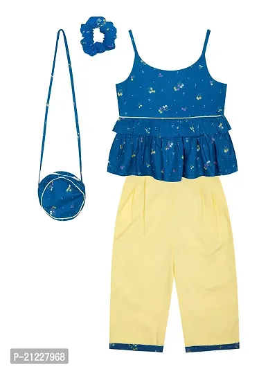 Budding Bees Girls Cotton Blue Top-Pant Set with Accessories