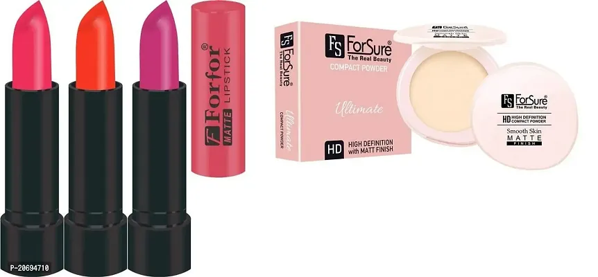 Forfor Pack of 3 Matte Lipstick and ForSure Compact Powder Ultimate Smooth Skin (Light Pink; Orange; Pink)-thumb0