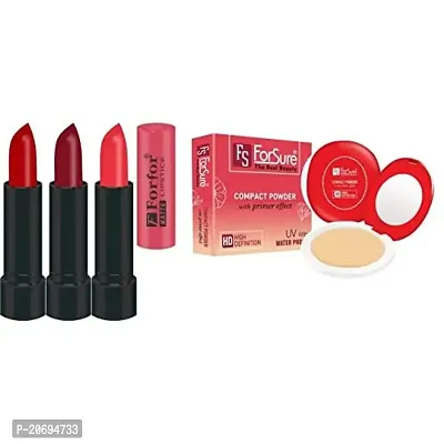 ForSure Compact Powder with Primer Effect and Forfor Pack of 3 Matte Lipstick (Colour - Beige, Mahroon, Red)