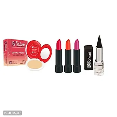 ForSure Compact Powder with Primer Effect, Kajal and Pack of 3 Forfor Matte Lipstick (Colour - Dark Pink, Orange, Pink)