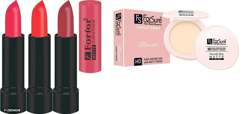 ForSure Compact Powder Ultimate Smooth Skin Matte Finish and Forfor Pack of 3 Matte Lipstick (Colour - Orange, Copper, Pink)