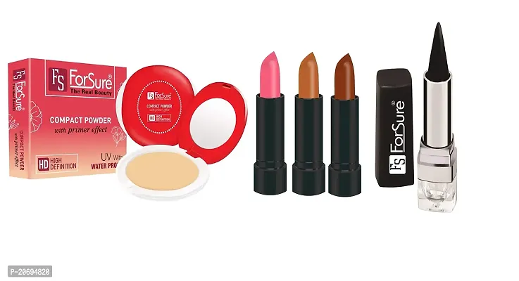 ForSure Compact Powder with Primer Effect, Kajal and Pack of 3 Forfor Matte Lipstick (Colour - Baby Pink, Cream Brown, Chocolate Brown)