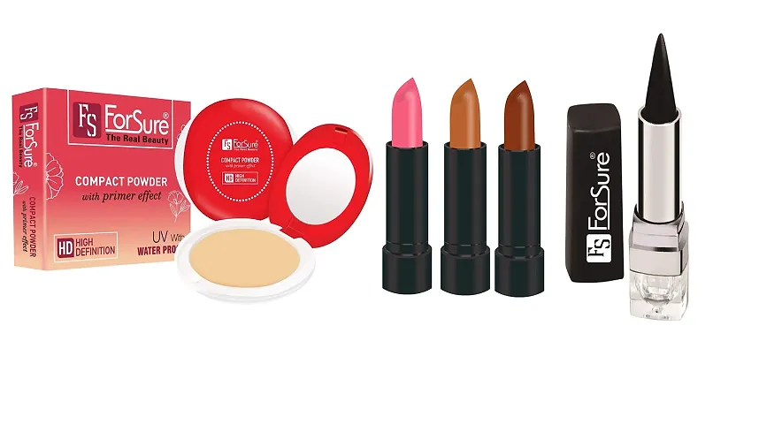 ForSure Compact Powder with Primer Effect, Kajal and Pack of 3 Forfor Matte Lipstick