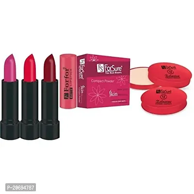 ForSure Compact Powder Xclusive 12 Hour Stay and Forfor pack of 3 Matte Lipstick (Colour - Dark Pink, Mahroon, Pink)