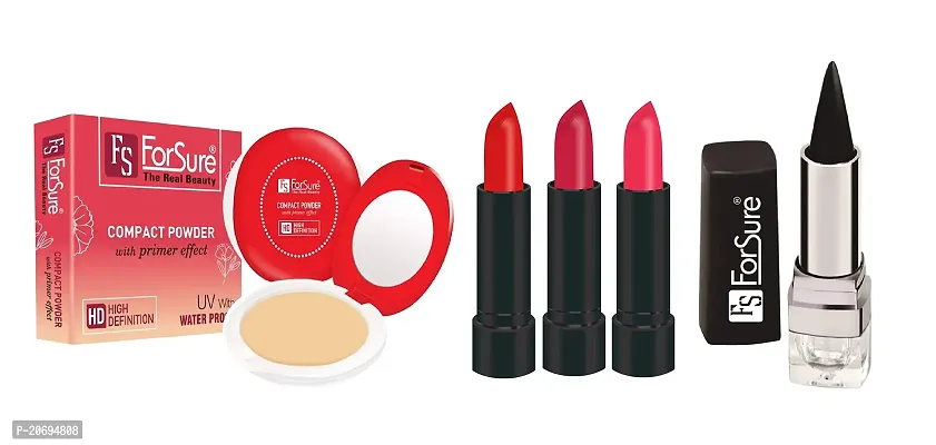 ForSure Combo Makeup Set Compact Powder with Primer Effect, Kajal and Pack of 3 Forfor Matte Lipstick (Colour - Maroon, Red, Baby ink)