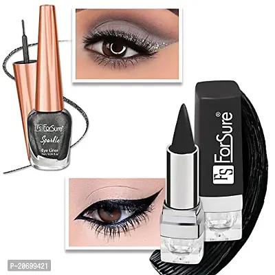 ForSurereg; Absolute Shine Liquid Glitter Eyeliner  Kajal Combo Intense Color, Long Lasting, Glossy Texture Smudge Proof (Grey  Black)