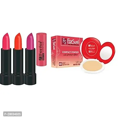 ForSure Compact Powder with Primer Effect and Forfor Pack of 3 Matte Lipstick (Colour - Light Pink, Orange, Pink)-thumb0