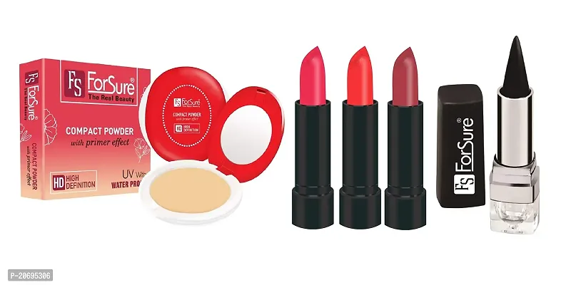 ForSure Compact Powder with Primer Effect, Kajal and Pack of 3 Forfor Matte Lipstick (Colour - Orange, Copper, Pink)