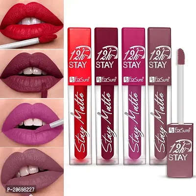 ForSure? Non Transfer Waterproof Longlast Liquid Matte Mini Lipstick Pack Of 4 (Peppy Red,Royal Berry,Haute Plum,Mauve Ice)