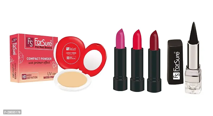 ForSure Compact Powder with Primer Effect, Kajal and Pack of 3 Forfor Matte Lipstick (Colour - Dark Pink, Mahroon, Pink)