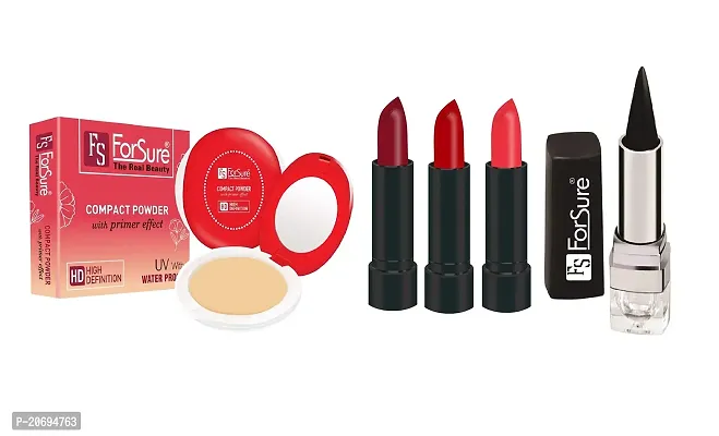 ForSure Compact Powder with Primer Effect, Kajal and Pack of 3 Forfor Matte Lipstick (Colour - Beige, Mahroon, Red)