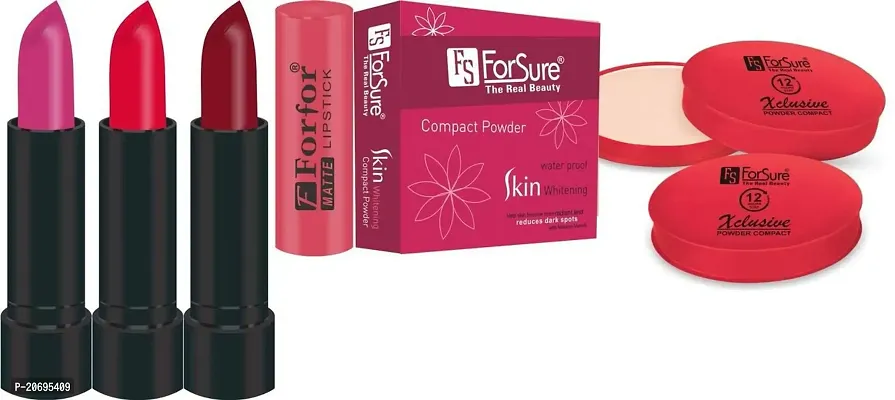 ForSure Compact Powder Xclusive 12 Hour Stay and Pack of 3 Forfor Matte Lipstick (Pack Of 10)