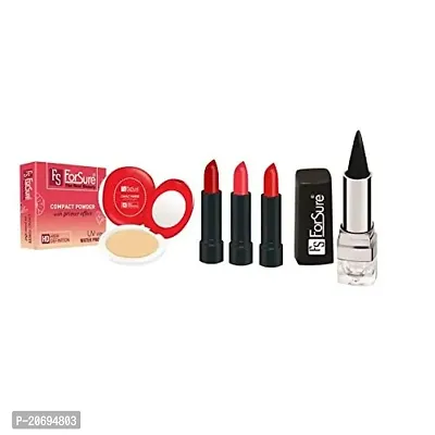 ForSure Compact Powder with Primer Effect, Kajal and Pack of 3 Forfor Matte Lipstick (Colour - Beige, Red, Red)