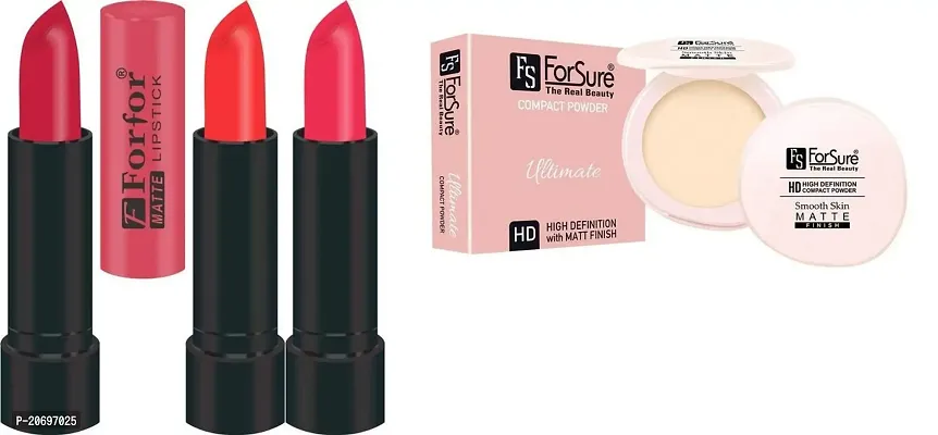ForSure Compact Powder with Primer Effect and Pack of 3 Forfor Matte Lipstick (Pack Of 16)