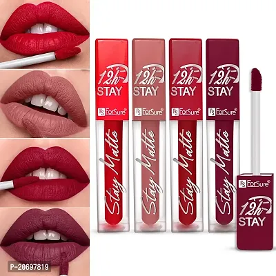 ForSure? Non Transfer Waterproof Longlast Liquid Matte Mini Lipstick Pack Of 4 (Adorable Nude,Crimson Red,Peppy Red,Royal Berry)
