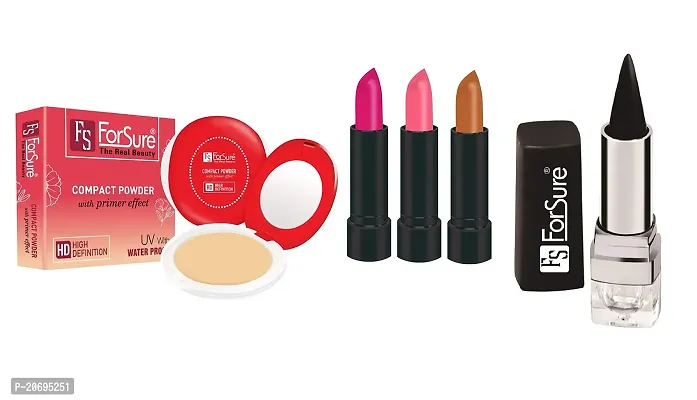 ForSure Compact Powder with Primer Effect Kajal and Pack of 3 Forfor Matte Lipstick (Colour - Pink, Baby Pink, Cream Brown)