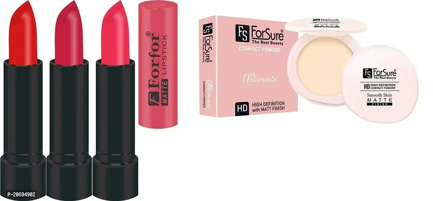 ForSure Compact Powder with Primer Effect and Pack of 3 Forfor Matte Lipstick (Pack Of 15)