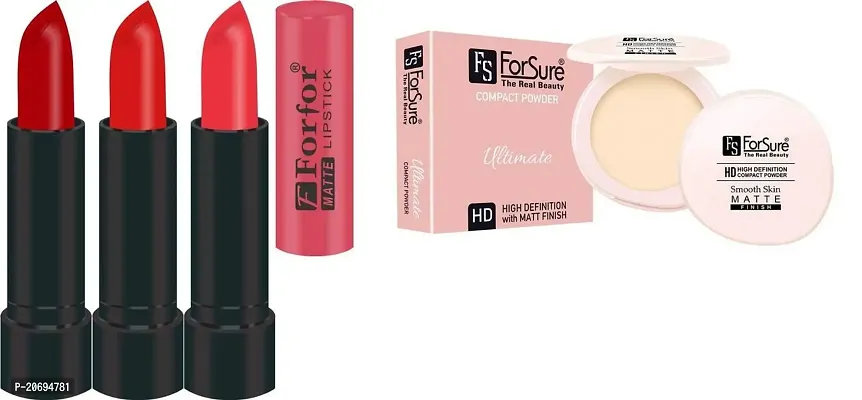 ForSure Compact Powder with Primer Effect and Pack of 3 Forfor Matte Lipstick (Pack Of 13)