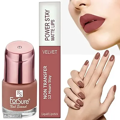 ForSurereg; Liquid Matte Lipstick Waterproof Power Stay Lipstick  Nail Polish combo (Glossy Nude , Peach Nude)
