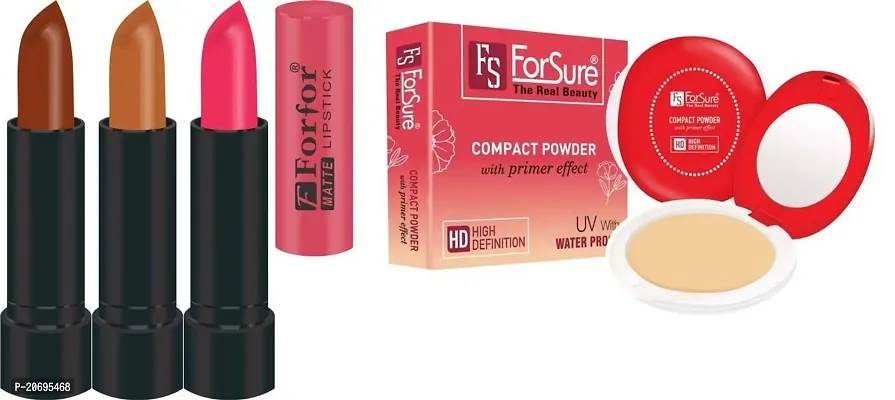 ForSure Compact Powder with Primer Effect and Pack of 3 Forfor Matte Lipstick (Pack Of 6)