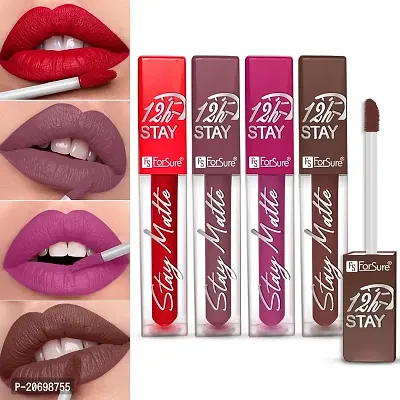 ForSure? Non Transfer Waterproof Longlast Liquid Matte Mini Lipstick Pack Of 4 (Peppy Red,Haute Plum,Coco Brown,Mauve Ice)