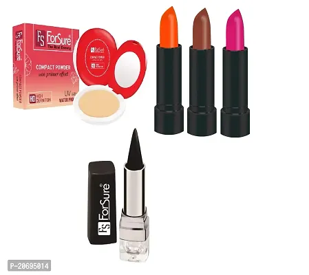 ForSure Compact Powder with Primer Effect, Kajal and Pack of 3 Forfor Matte Lipstick (Colour - Orange, Brown, Pink)
