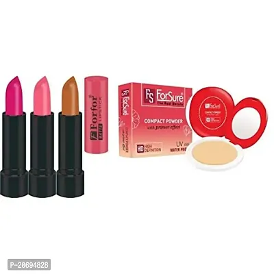 ForSure Compact Powder with Primer Effect and Forfor Pack of 3 Matte Lipstick (Colour - Pink, Baby Pink, Cream Brown)