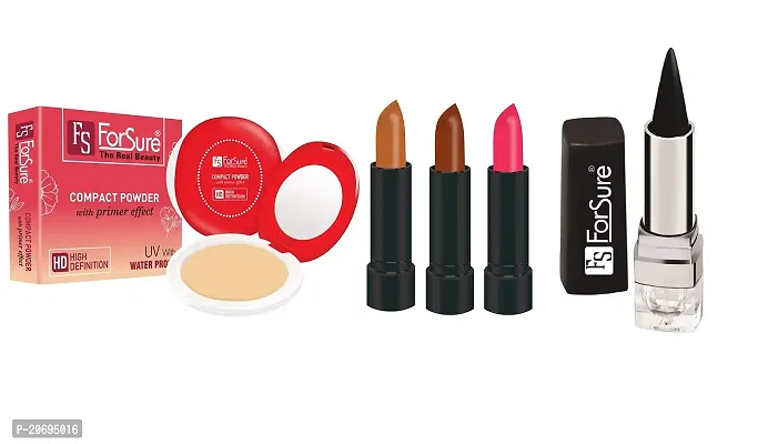 ForSure Compact Powder with Primer Effect, Kajal and Pack of 3 Forfor Matte Lipstick (Colour - Light Pink, Cream Brown, Chocolate Brown)