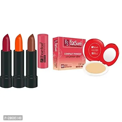 ForSure Compact Powder with Primer Effect and Pack of 3 Forfor Matte Lipstick (Pack Of 1)