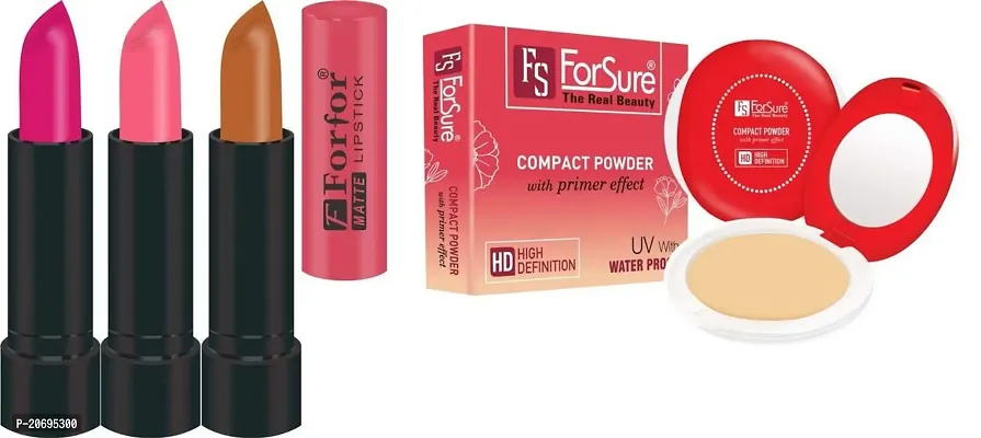 ForSure Compact Powder with Primer Effect and Pack of 3 Forfor Matte Lipstick (Pack Of 5)
