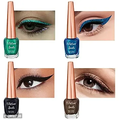 ForSurereg; Absolute Shine Liquid Glitter Eyeliner, Intense Color, Long Lasting, Glossy Texture Combo of 4 (7 ml each) (Pack of 4, Torquise Blue, Glitter Brown, Glitter Green, Intense Black)