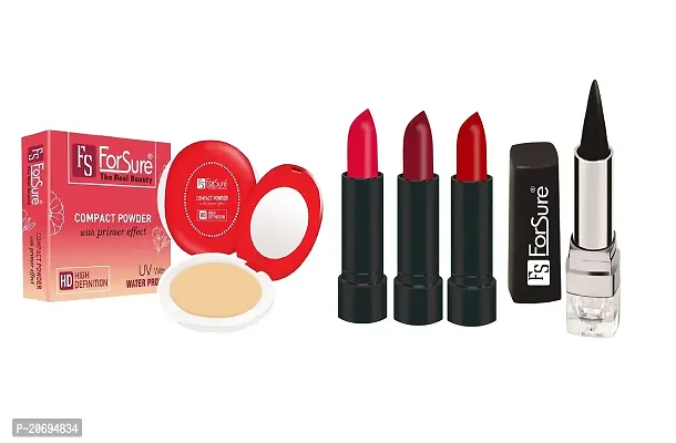 ForSure Compact Powder with Primer Effect, Kajal and Pack of 3 Forfor Matte Lipstick (Colour - Dark Pink, Mahroon, Red)