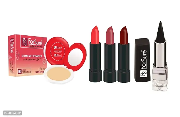 ForSure Compact Powder with Primer Effect, Kajal and Pack of 3 Forfor Matte Lipstick (Colour - Orange, Copper, Maroon)