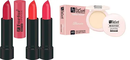 Forfor Compact Powder Ultimate Smooth Skin Matte Finish and Matte Lipstick; Pack of 3 (Orange; Red; Pink)-thumb1