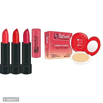 ForSure Compact Powder with Primer Effect and Forfor Pack of 3 Matte Lipstick (Colour - Beige, Red, Red)