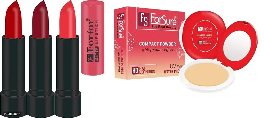 ForSure Compact Powder with Primer Effect and Pack of 3 Forfor Matte Lipstick (Pack Of 12)